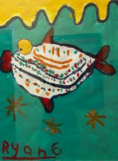 Colorful fish artwork with a yellow sun, green water, and stars; signed