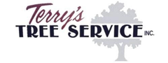Logo for Terry's Tree Service. Text in dark blue and maroon with a tree graphic.