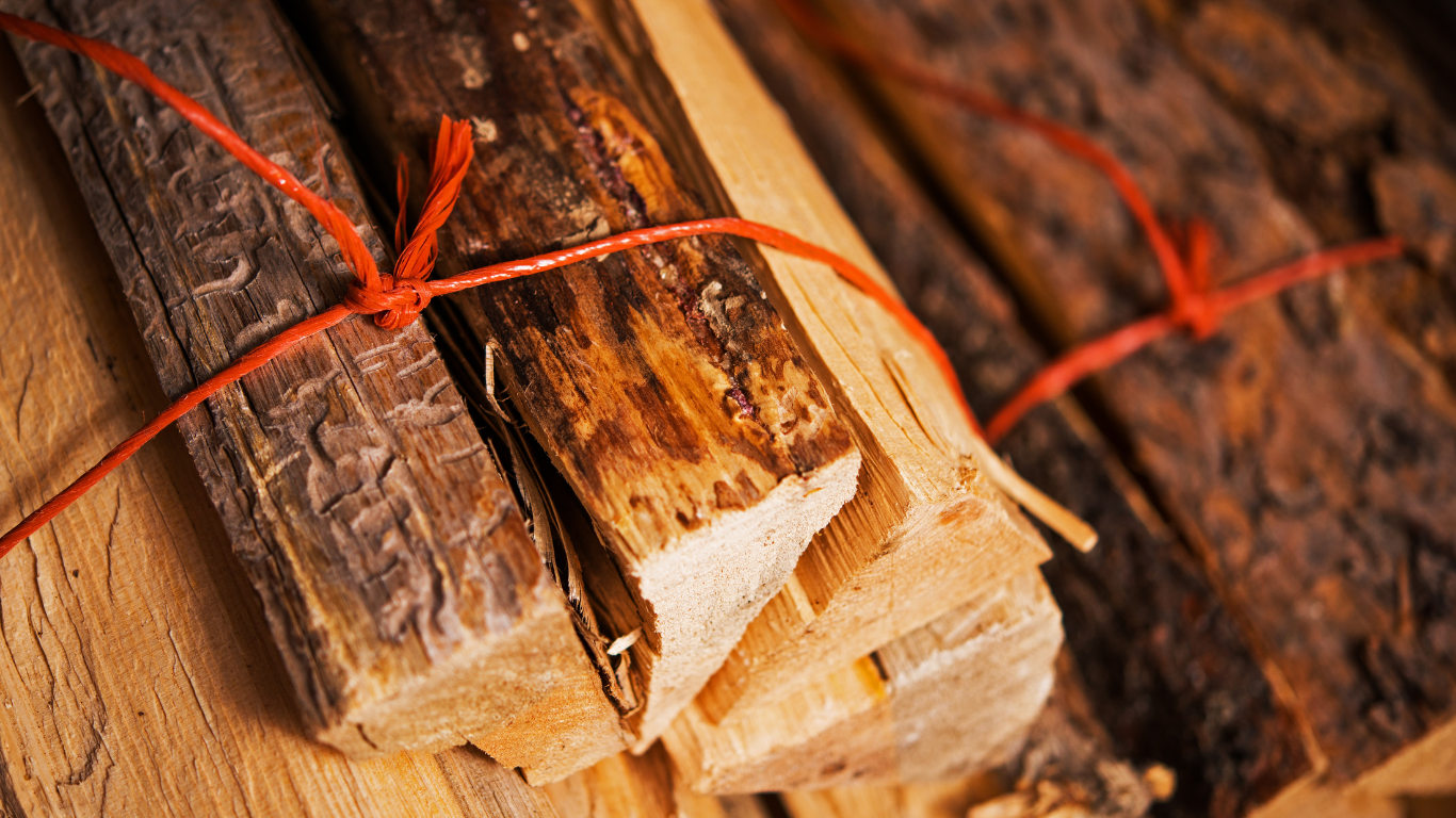 Bundled firewood tied with red string.