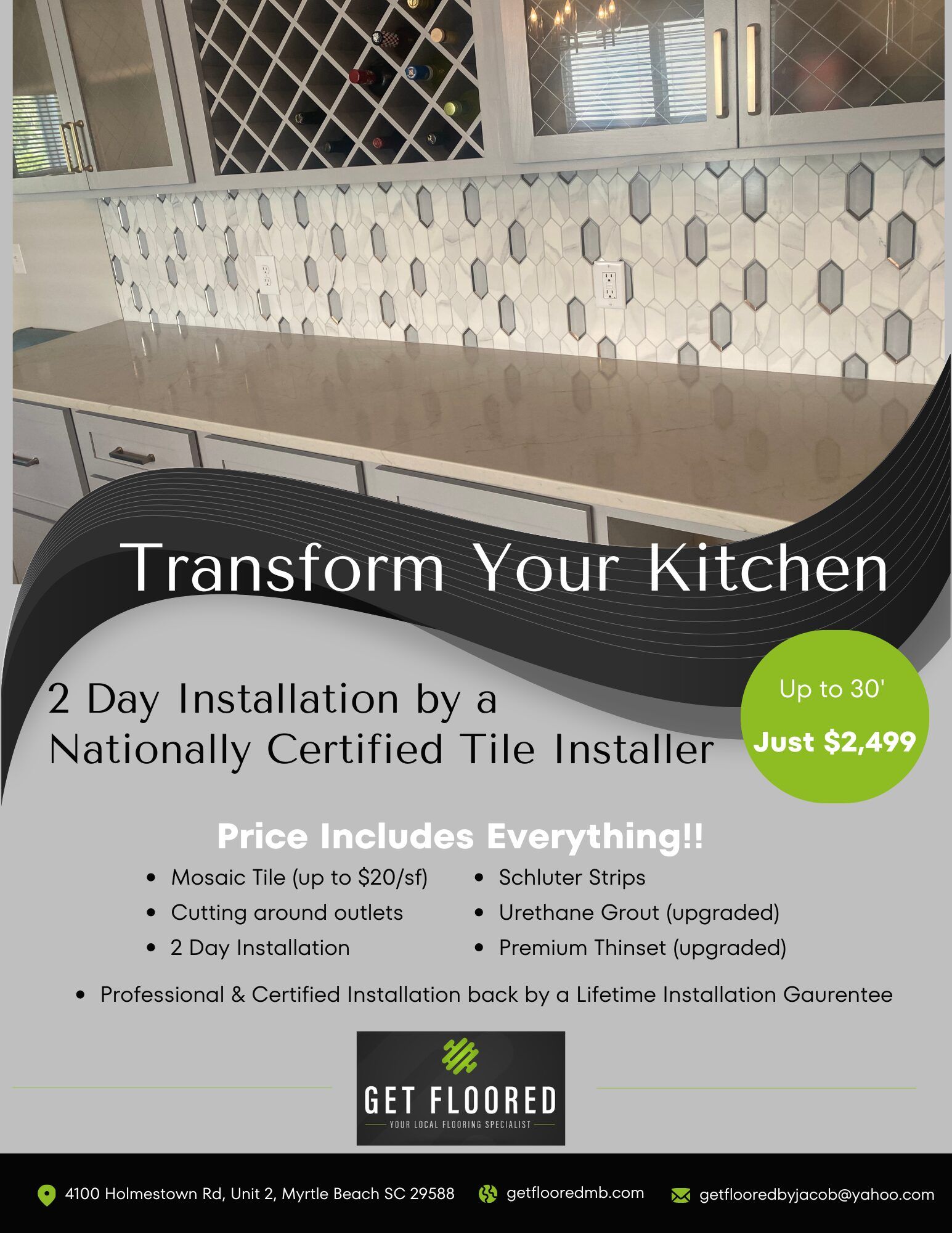 A kitchen tranformation ad featuring pricing and a photo of a kitchen backsplash