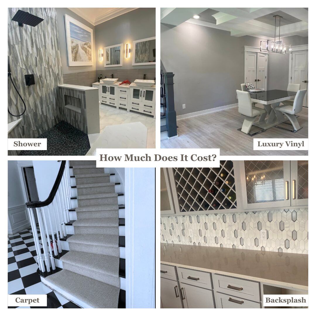 4 separate images showcasing a shower, luxury vinyl plank, carpet, and backsplash