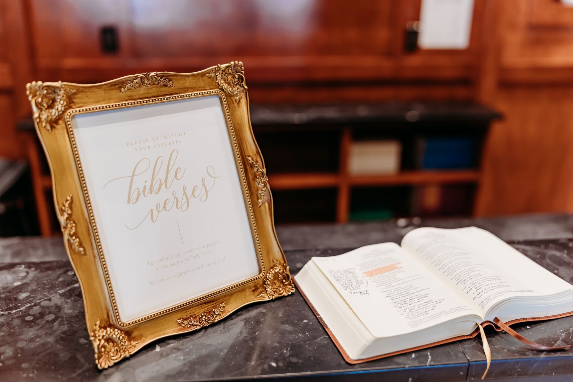 Gold-framed sign with 