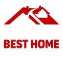 Red house silhouette logo with the words