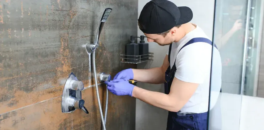 A person in a black cap and overalls repairs a shower fixture in a bathroom.