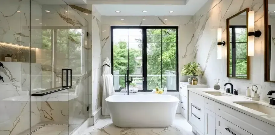 Luxurious marble bathroom with a freestanding tub, large window, and double vanity.