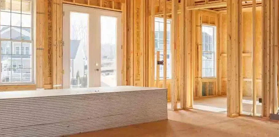 Interior of a house under construction; wooden framing, windows, and a doorway are visible.