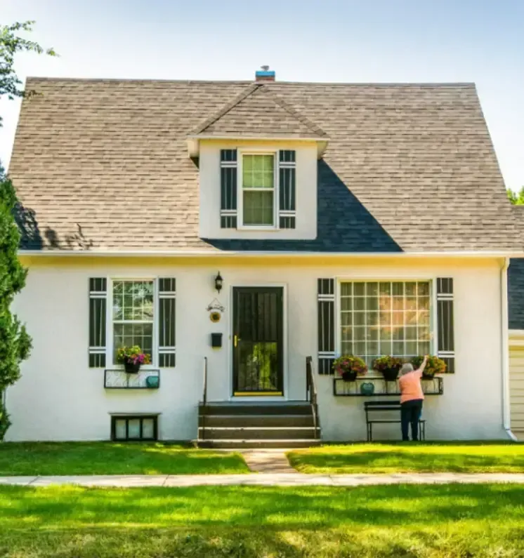 White house with black door, a woman tending to flower boxes, and a green lawn.