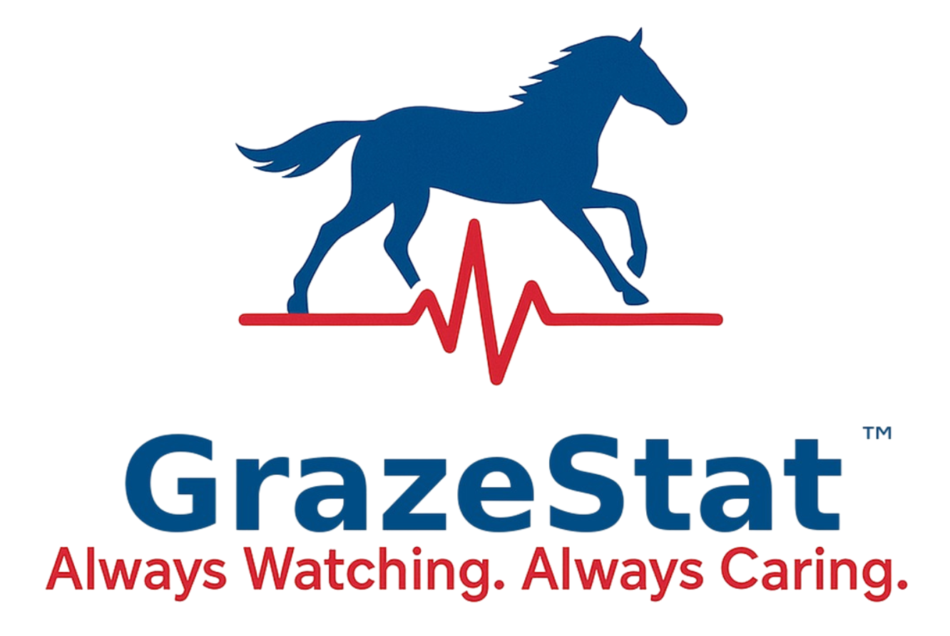 Blue horse over red heartbeat line, GrazeStat logo.