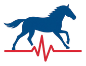 Blue horse silhouette over a red heartbeat line, signifying equine health.