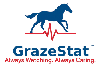 Blue horse over red heartbeat line, GrazeStat logo. 