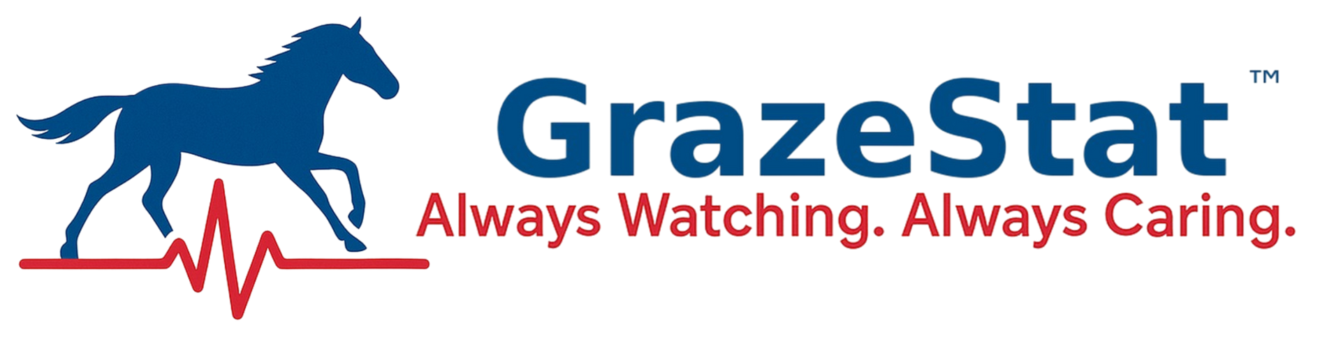 Blue horse over red heartbeat line, GrazeStat logo.