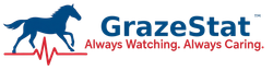 Blue horse over red heartbeat line, GrazeStat logo. 