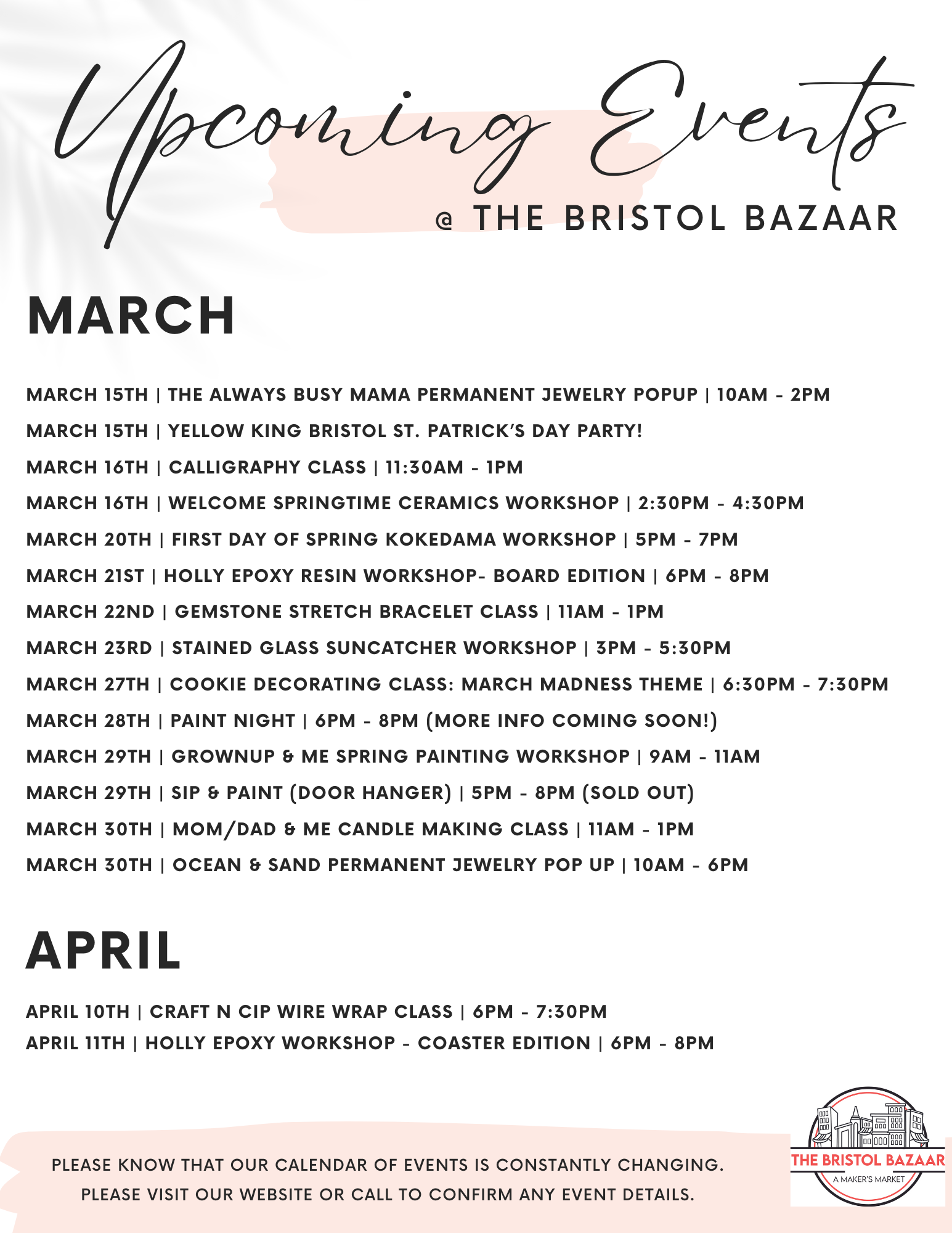Upcoming Events Calendar at The Bristol Bazaar