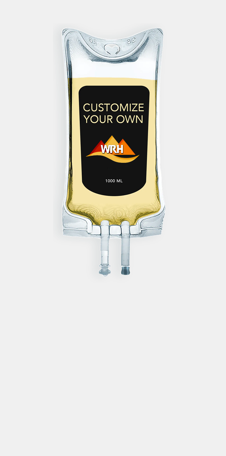 IV bag with black label: "Customize Your Own" and a mountain logo. Contains yellow liquid.