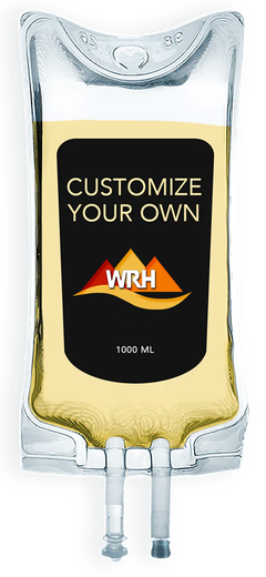 IV bag with a yellow liquid, featuring a black label that says 