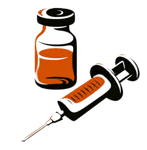 Vial of orange liquid and syringe, prepared for injection.