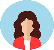 Woman avatar in a red blazer with brown wavy hair, light skin, and a blue background.