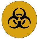 Biohazard symbol, black on yellow circle.