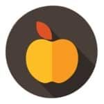 Golden apple with orange leaf on dark gray circle.