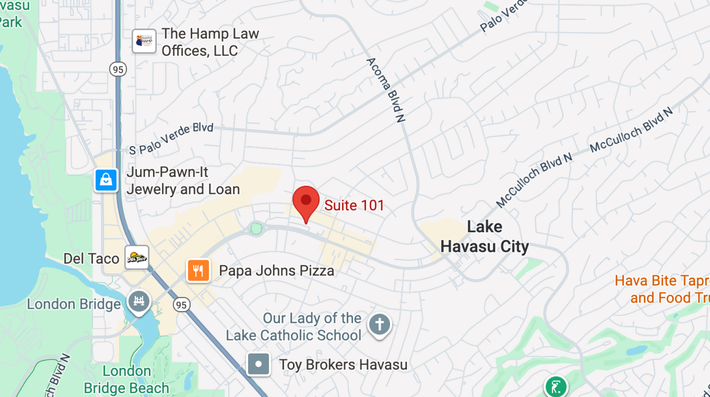 Map showing Lake Havasu City, Arizona. Marker pinpoints 