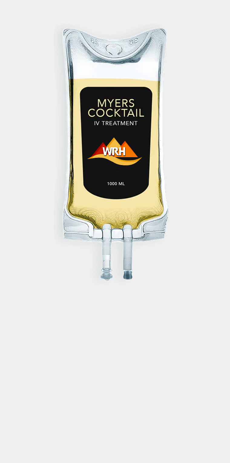 IV bag labeled "Myers Cocktail," containing a yellow liquid, against a white background.