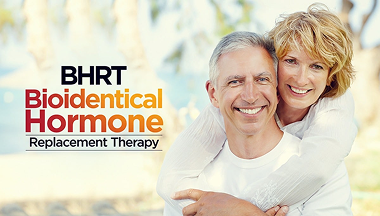 Couple smiling outdoors; BHRT text: Bioidentical Hormone Replacement Therapy.