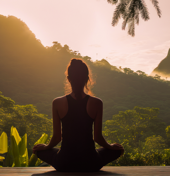 Woman meditating outdoors in lotus position, bathed in sunlight, facing lush green mountains.