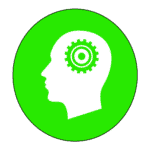 White silhouette head with a gear inside, set in a green circle.