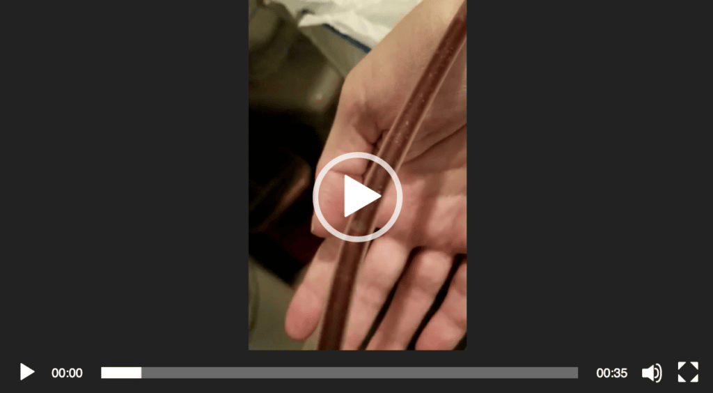 Person holding a long, brown, thin object, possibly a stick, in their palm.