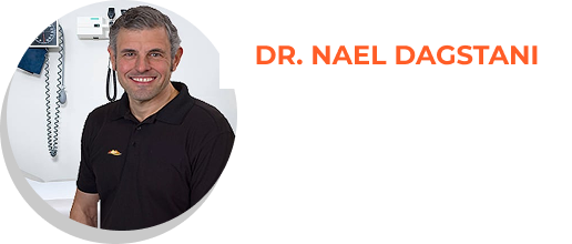Dr. Nael Dagstani smiling in a circular frame, with a black shirt and orange text.