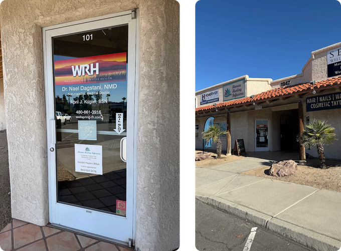 Exterior of a commercial building with a glass door for WRH Counseling, located next to other businesses.