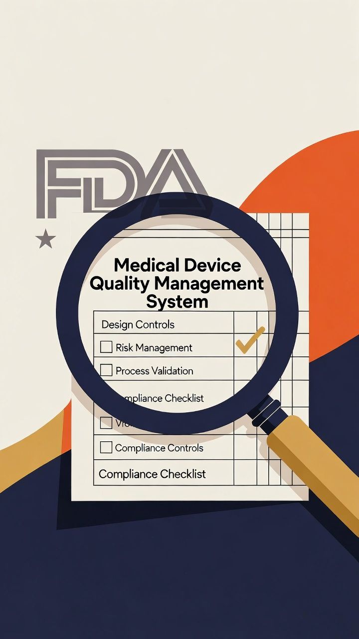 Professional minimalist illustration for a blog post about FDA QMSR inspections 2026.
Color palette: