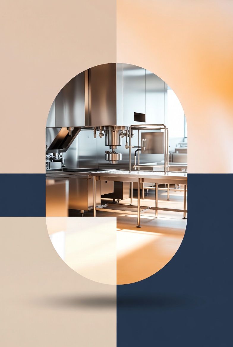 
סביבת ייצור מזון תעשייתית מודרנית עם ציוד נירוסטה, אזור עבודה נקי ומבוקר, המשקף עמידה בתקני בטיחות 