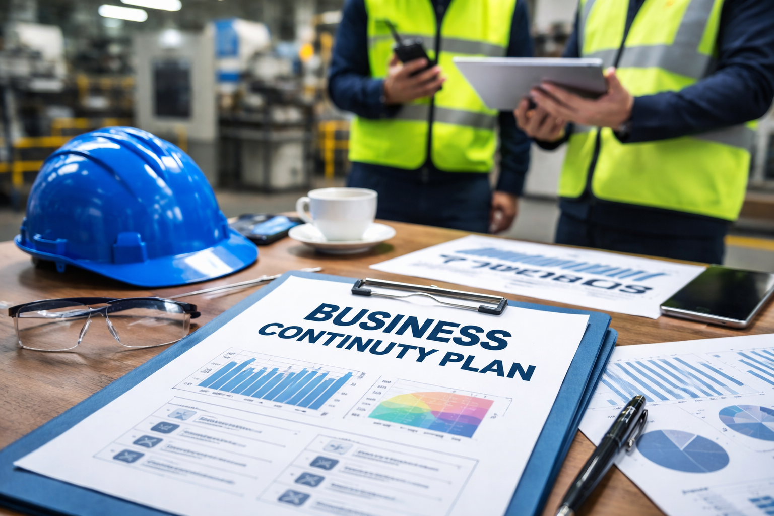 Business Continuity Plan document on a clipboard inside an industrial facility, with safety helmet,