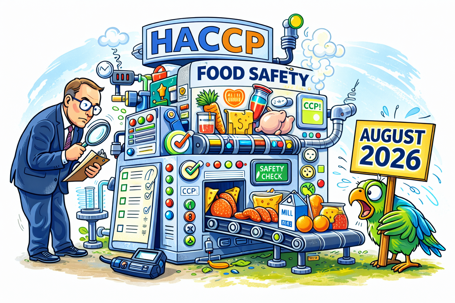 Colorful cartoon illustration of a food safety inspection scene with a quality inspector examining a