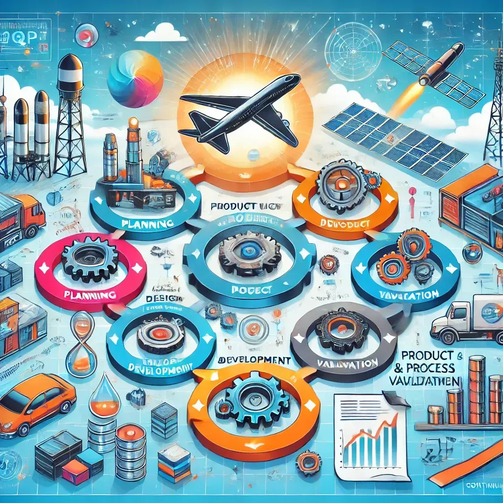 תמונה שמתארת את תהליך ה-APQP בצורה צבעונית וברורה, כולל חמשת השלבים המרכזיים, עם סמלים וסביבה המשקפת