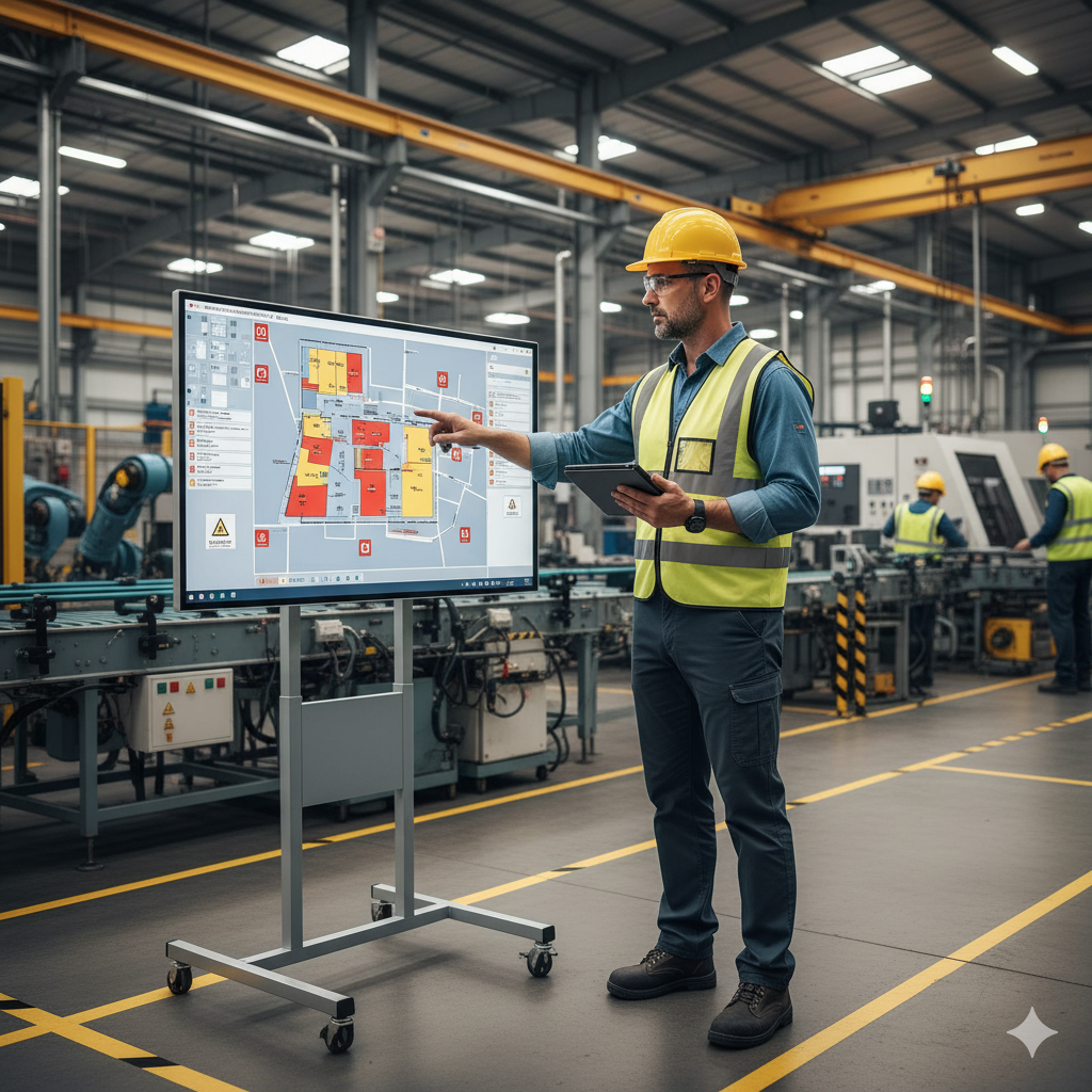 מנהל בטיחות בסיור שטח במפעל תעשייתי, עם לוח תכנון וסימון אזורי סיכון