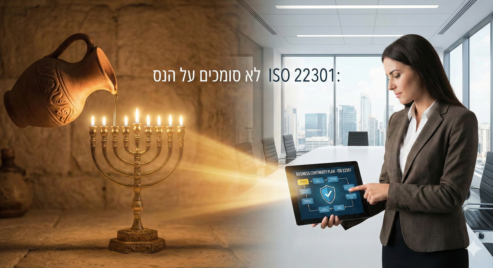 ויז'ואל המשלב בין חנוכה לעסקים: כד שמן עתיק ממלא חנוכייה מול יועצת איכות במשרד מודרני המציגה תוכנית 