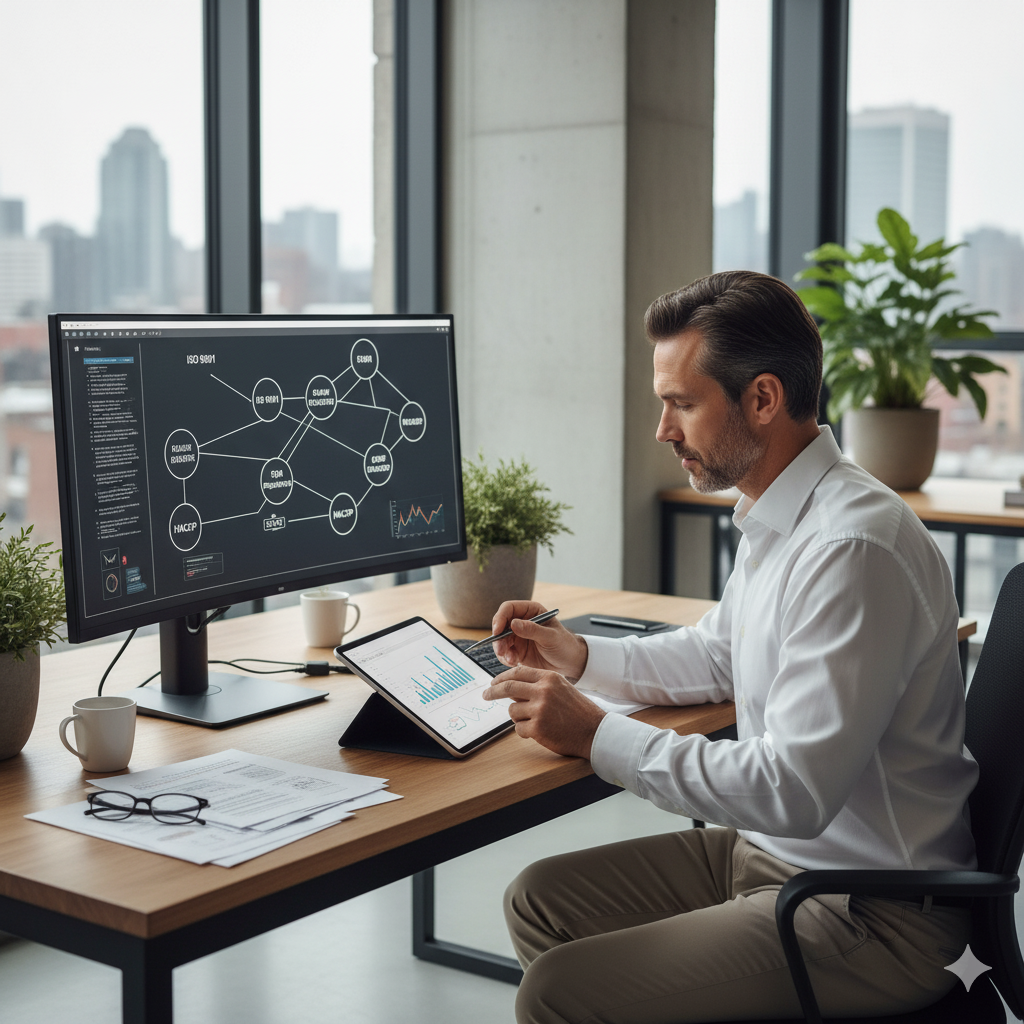 מנהל איכות בוחן מסמכים עם תרשים תקנים על רקע מודרני