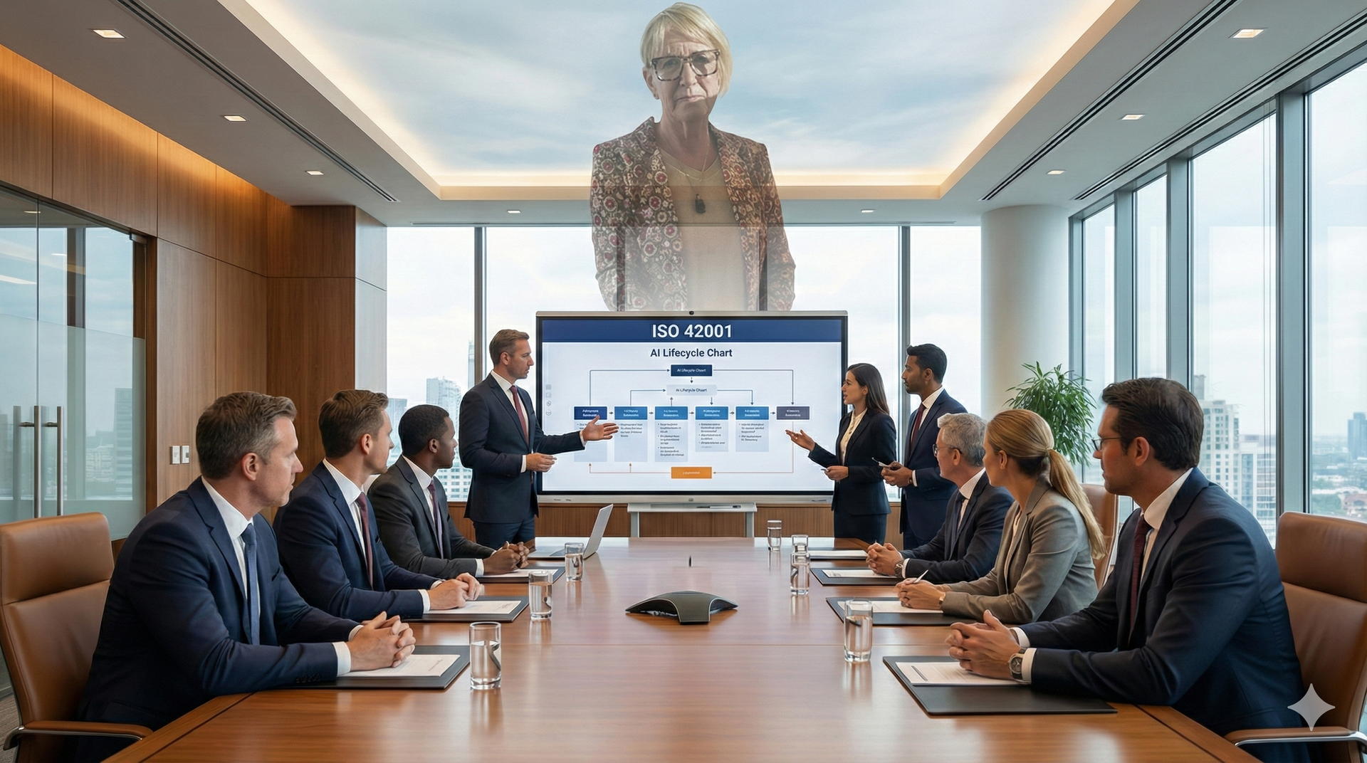 צוות מנהלים סוקר מערכת ניהול בינה מלאכותית עם מסך תפעול