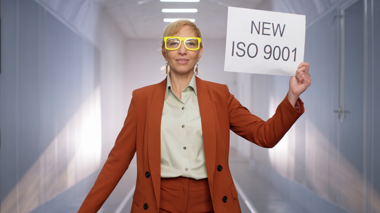 מנהל איכות מציג שקף על ISO 900 בפני הנהלה

