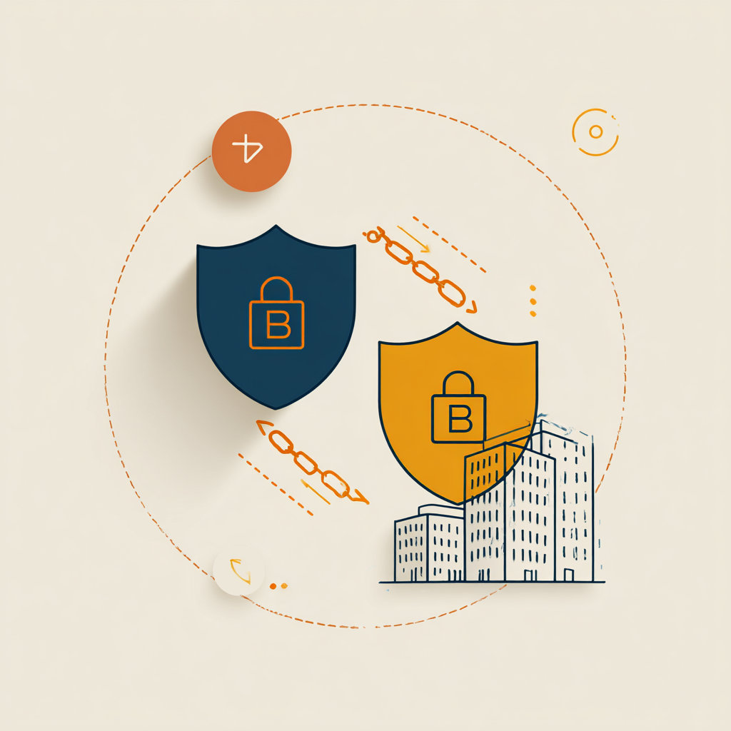 Two interconnected shield icons — one larger (BCP) containing a smaller one (DR) — surrounded by abs