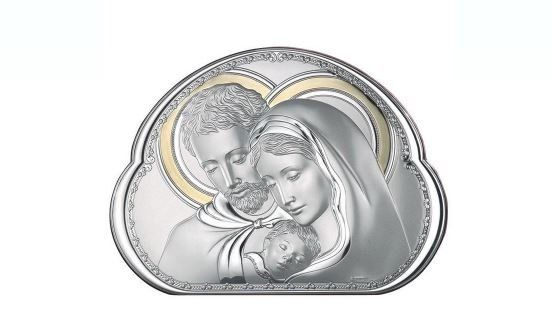 Rilievo in argento: Sacra Famiglia con aureole, madre che tiene in braccio il bambino, padre che guarda in basso.