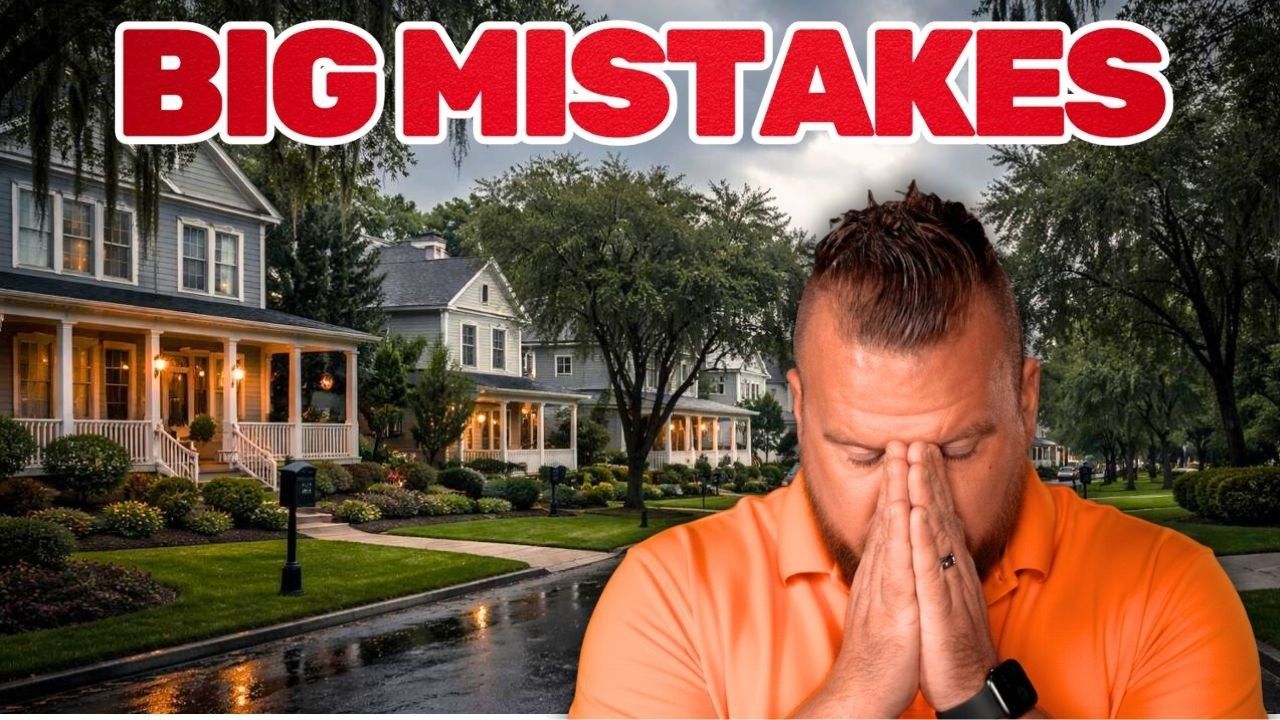 Man in orange shirt with hands clasped, in front of houses with the text 