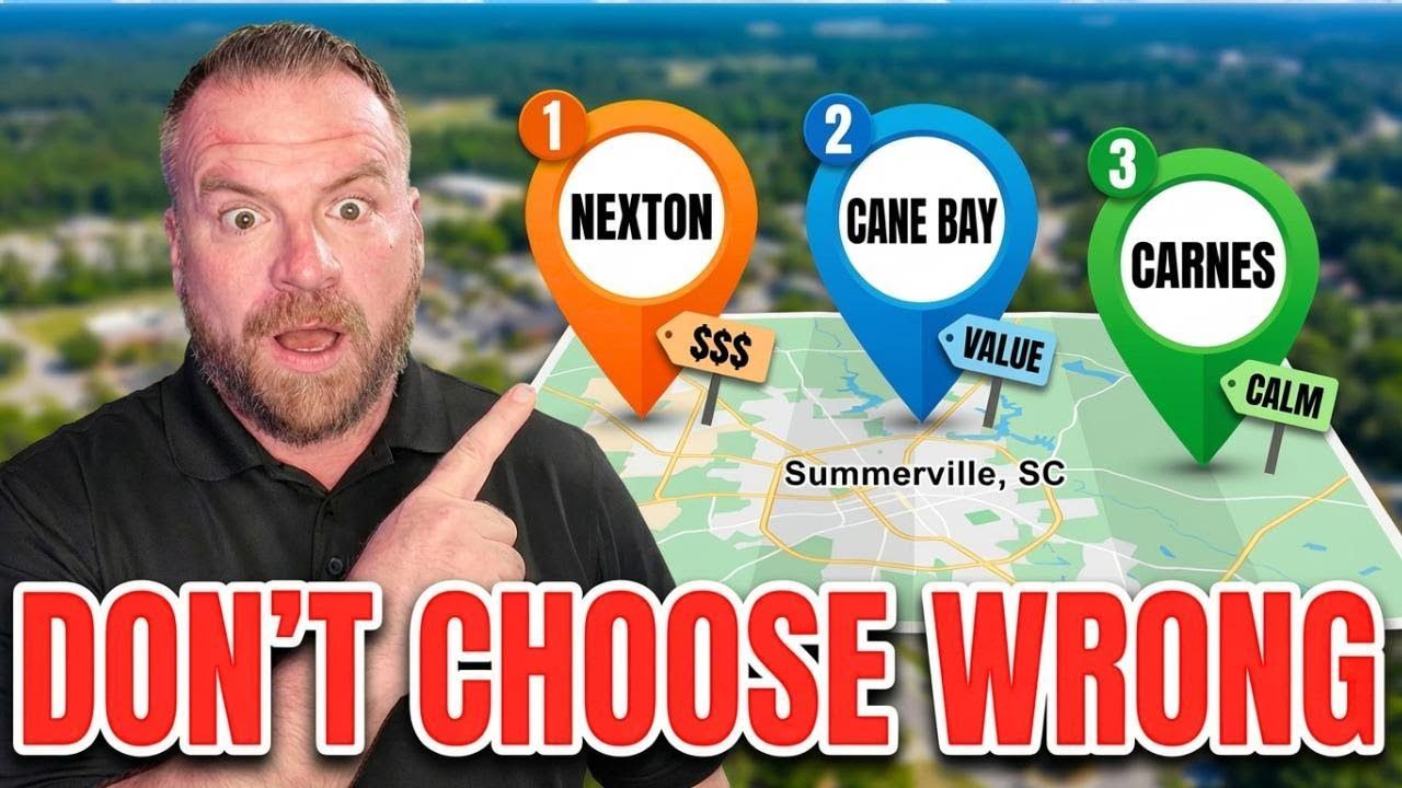 Man pointing at a map of Summerville, SC, with three highlighted areas: Nexton ($$$), Cane Bay (police), and Carnes (calm).