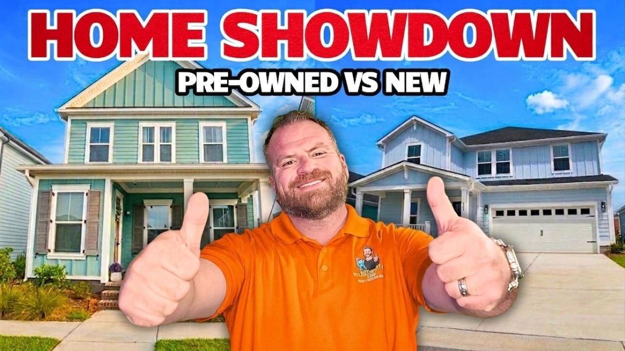 Man in orange shirt giving thumbs up in front of two houses, with text “Home Showdown: Pre-owned vs New”