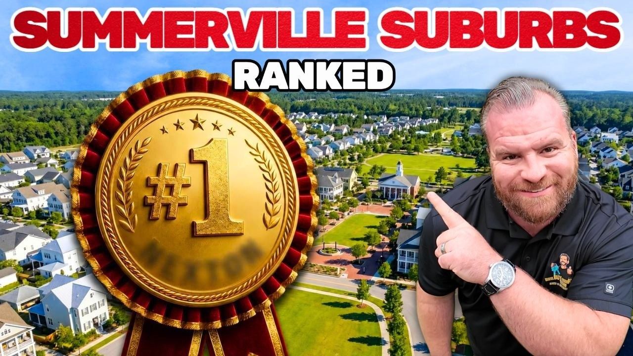 “Summerville suburbs ranked” graphic with a gold #1 medal, aerial neighborhood view, and a man pointing at it