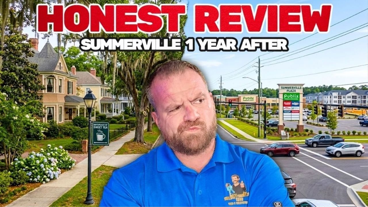 Man in blue shirt in front of Summerville streetscape with bold text “HONEST REVIEW” and “SUMMERVILLE 1 YEAR LATER”