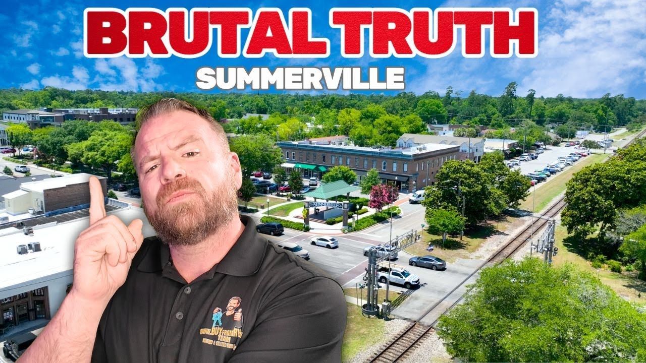 Man pointing upward with town background, text