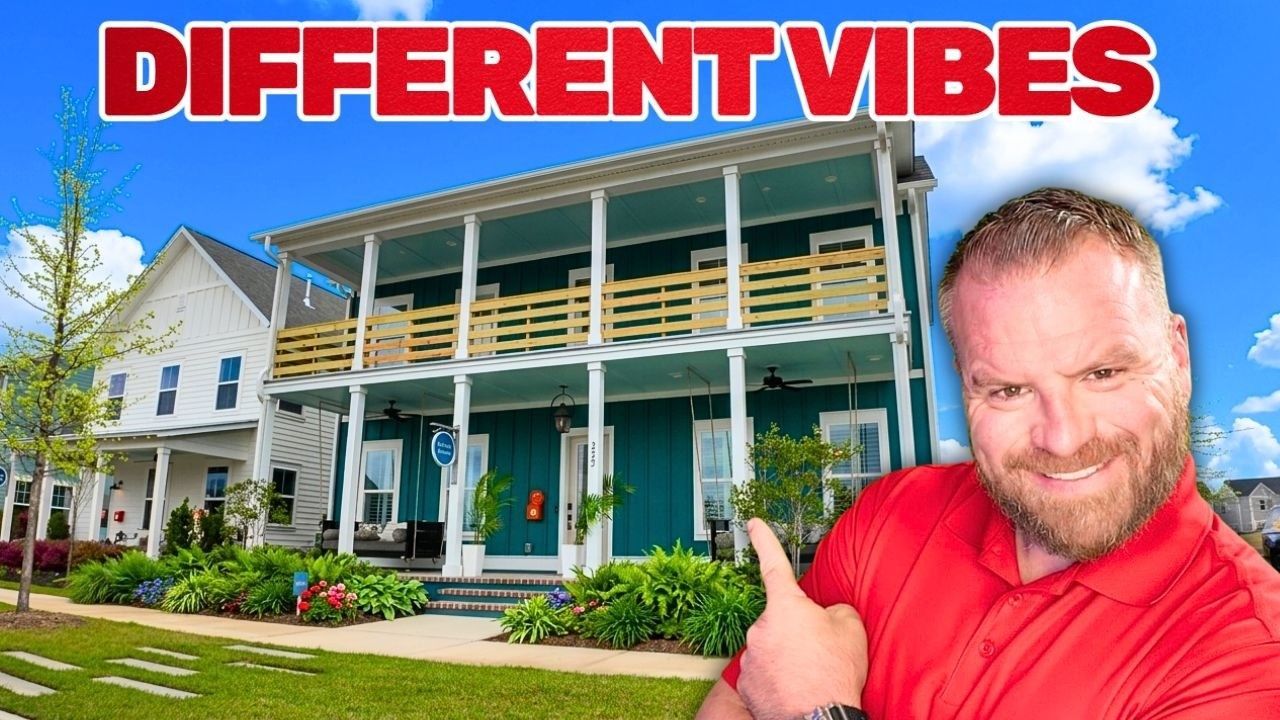 Red text “DIFFERENT VIBES” above a blue house, with a smiling man in red pointing at it.